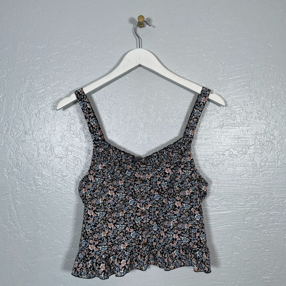 American Eagle Women L Blue Orange Floral Crop Tank Ruffle Boho Chic Country